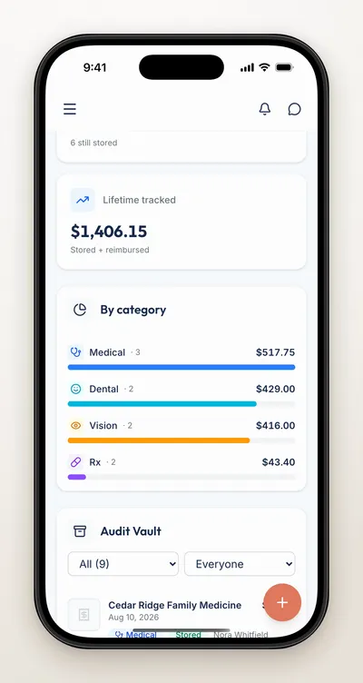 Medical receipts view showing HSA totals by category