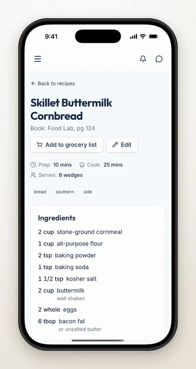 Recipe view for skillet buttermilk cornbread with its ingredient list